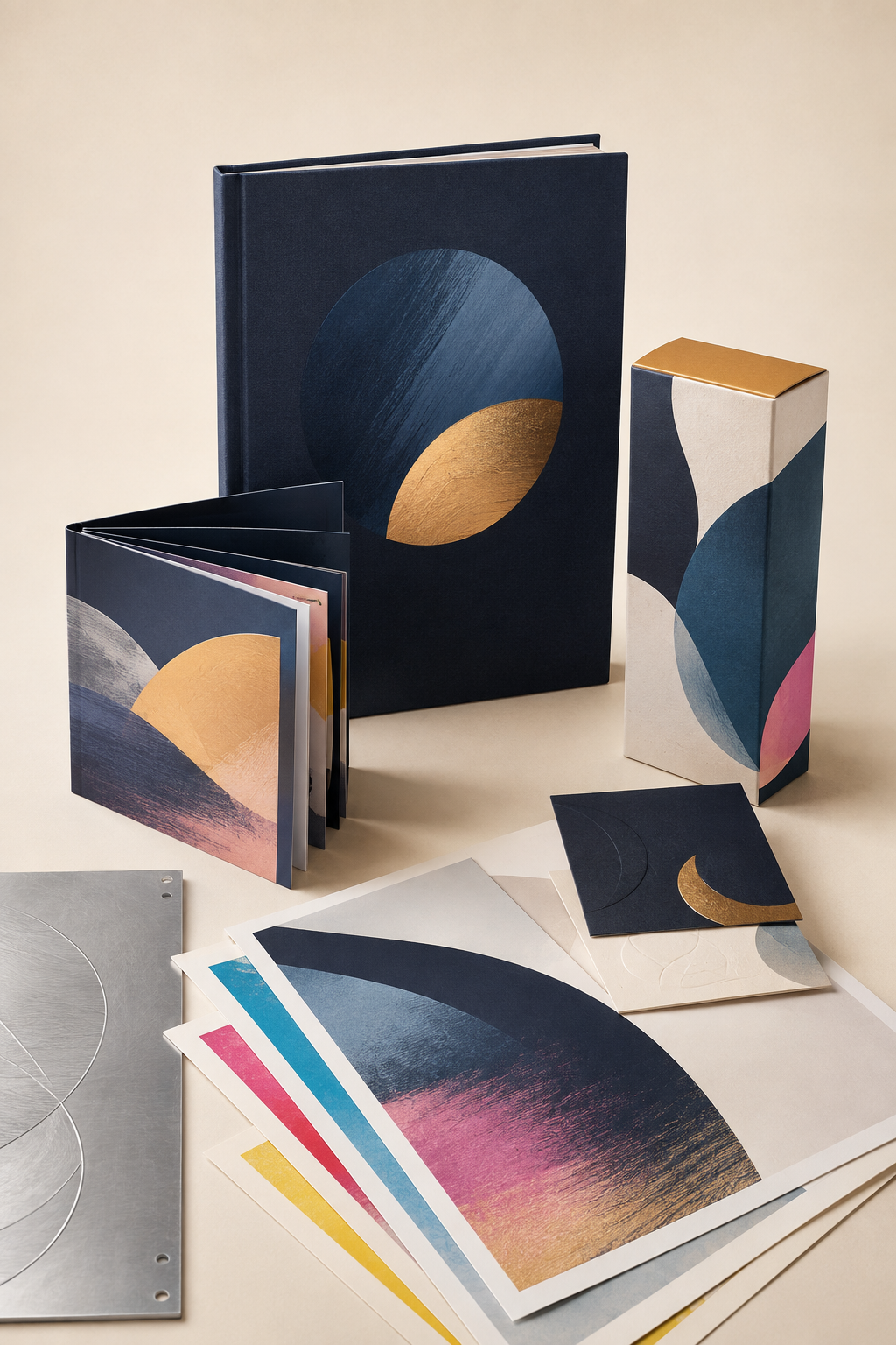 Premium books, packaging, brochures and print samples arranged in a studio composition